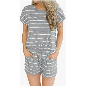 Women's Summer Short Sleeve Romper Casual Striped Short Rompers Jumpsuits (S)
